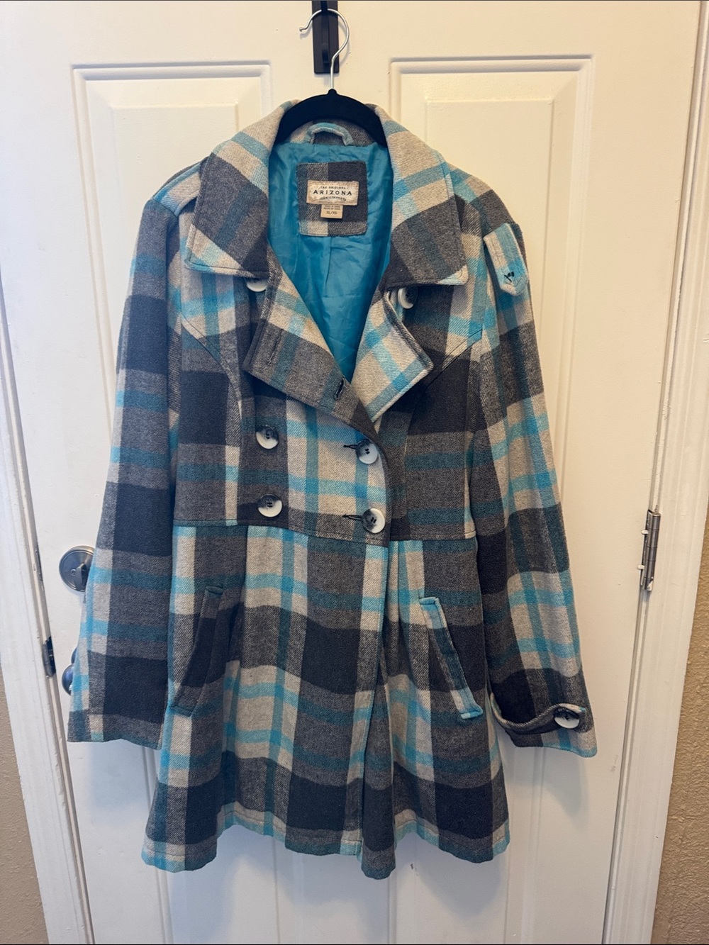 Arizona Jean Company Gray & Teal Plaid Double-Breasted Peacoat